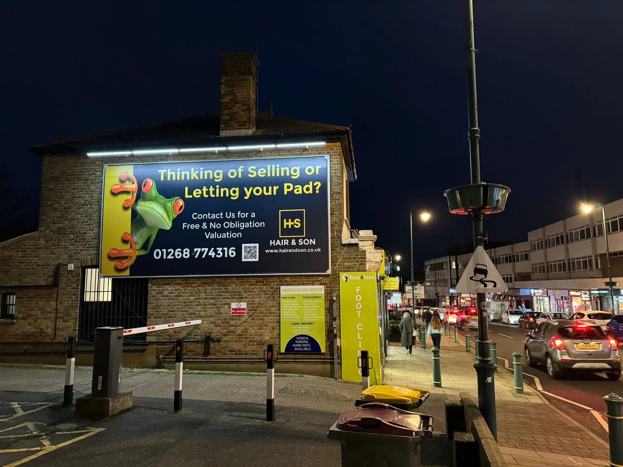 Hair & Son Danum stretch canvas billboard with solar illumination installed by CVB Technical Solutions